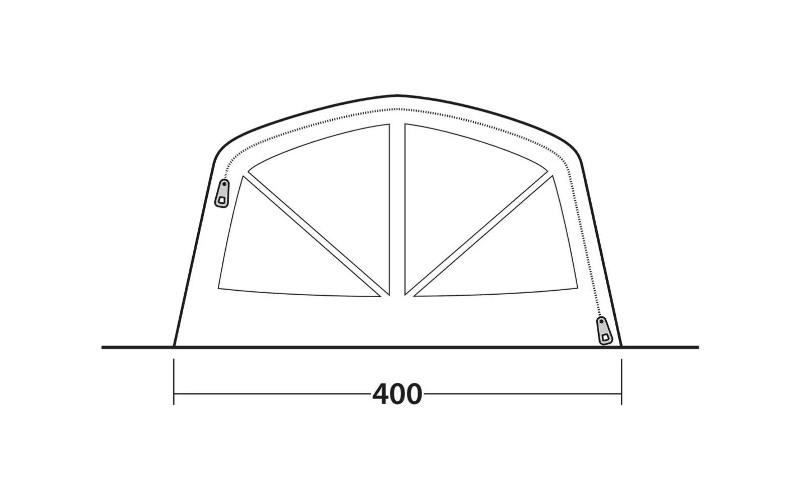 Schwarz-weiß Zeichnung eines halbkreisförmigen Fensters mit vier rechteckigen Sprossen und Maßangabe 400 mm