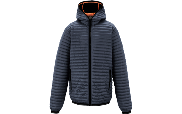 Dunkelblaue gesteppte Jacke mit Kapuze, orangefarbene Innenfütterung, durchgehender Reißverschluss vorne und zwei seitliche Reißverschlusstaschen