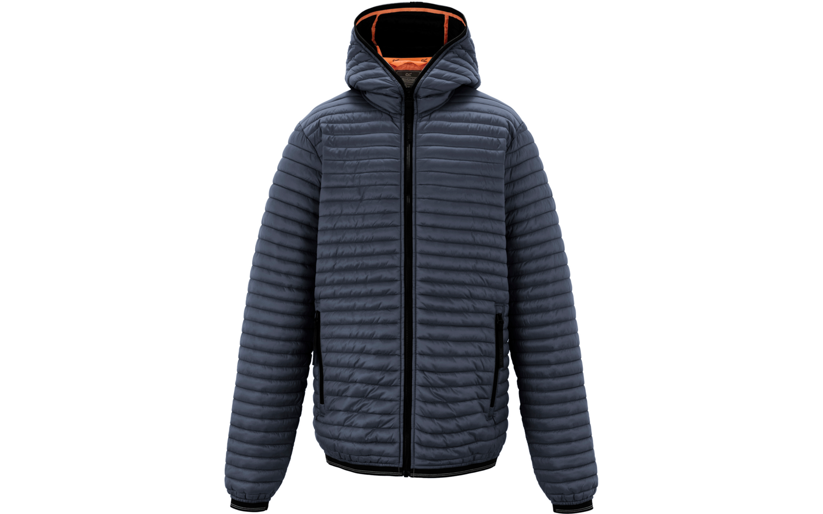 Dunkelblaue gesteppte Jacke mit Kapuze, orangefarbene Innenfütterung, durchgehender Reißverschluss vorne und zwei seitliche Reißverschlusstaschen