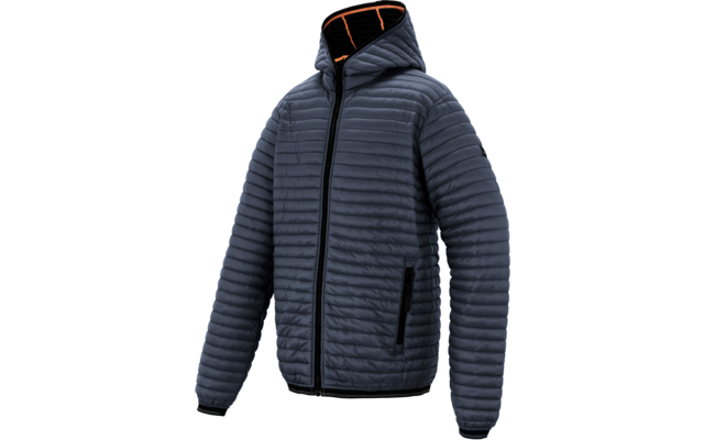 Grau-blau gestepptes Steppjacke mit Kapuze, durchgehender Reißverschluss, seitlichen Taschen und orangefarbener Innenkapuze auf weißem Hintergrund