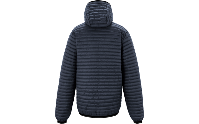 Rückansicht einer dunkelblauen Steppjacke mit Kapuze auf weißem Hintergrund