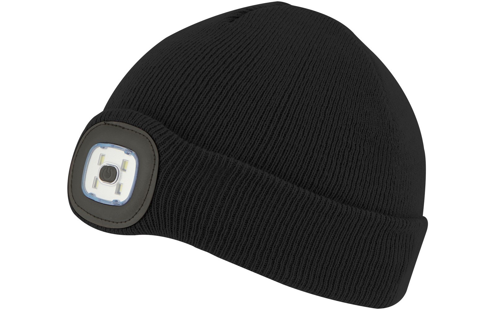 Schwarze Strickmütze mit einer weißen LED-Leuchte vorne