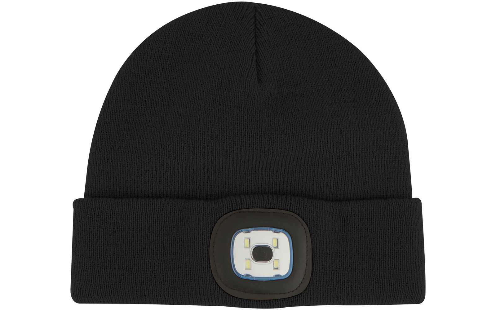 Schwarze Strickmütze mit aufgenähter rechteckiger Lampe in der Mitte