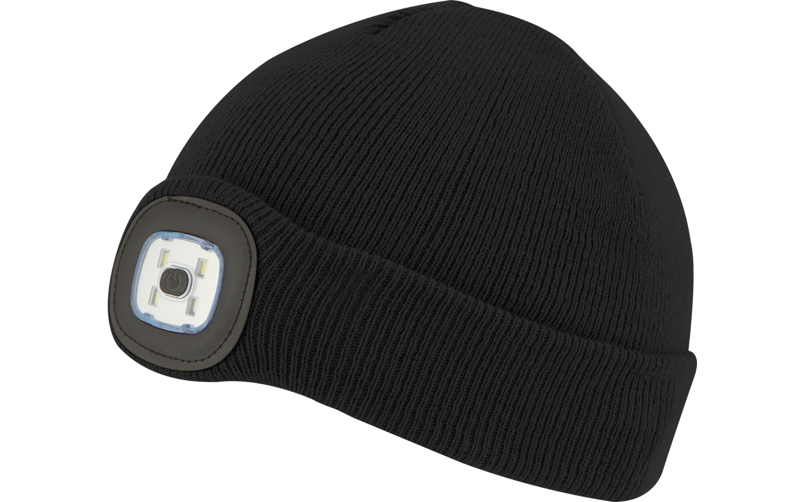 Schwarze Strickmütze mit einer weißen LED-Leuchte vorne