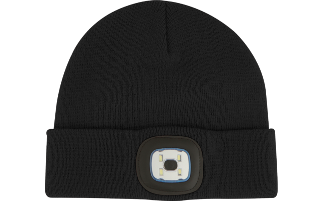 Schwarze Strickmütze mit aufgenähter rechteckiger Lampe in der Mitte