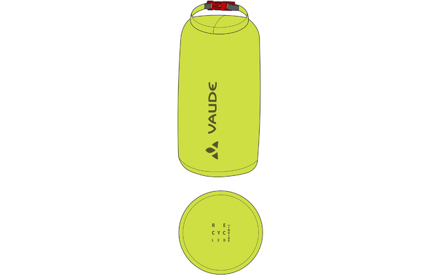 Grüne Trinkflasche mit rotem Verschluss und VAUDE-Logo, Deckel neben der Flasche liegend