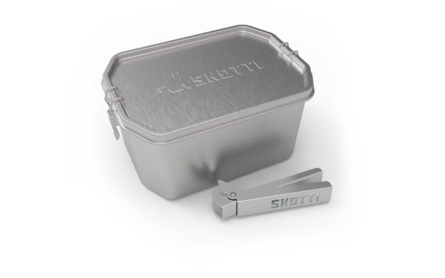 Silberne Lunchbox und hellgraues Besteck