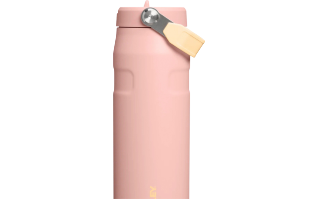 Rosa, matte Edelstahl-Trinkflasche mit Deckel und Scharnier, beige Trageschlaufe und gelbem "STANLEY"-Schriftzug