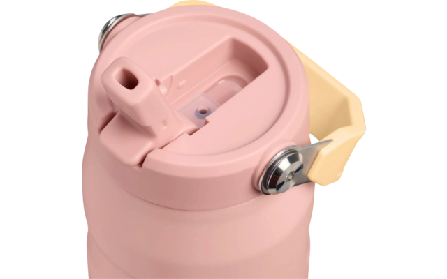 Nahaufnahme eines rosa Flaschendeckels mit integriertem Ausguss, beigefarbenem Klappgriff und Metallbefestigungen