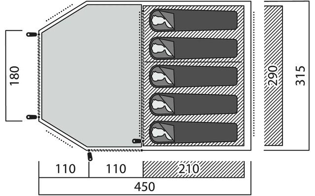 Schematische Zeichnung: links polygonale hellgraue Fläche mit der Zahl '180', rechts ein Rechteck mit sechs dunkelgrauen horizontalen Kästen in einer Spalte, jedes mit kleinem rundem Symbol; unten Maße '110', '110', '210' und Gesamt '450'; rechts sch