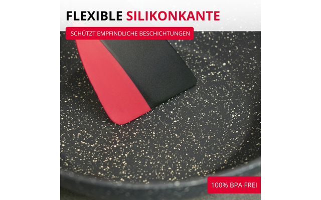 Deux bords en silicone (rouge et noir) dans une poêle noire avec des éclaboussures dorées ; en haut le texte 'FLEXIBLE SILIKONKANTE' et une bannière rouge 'SCHÜTZT EMPFINDLICHE BESCHICHTUNGEN' ; en bas à droite un encadré rouge '100% BPA FREI'