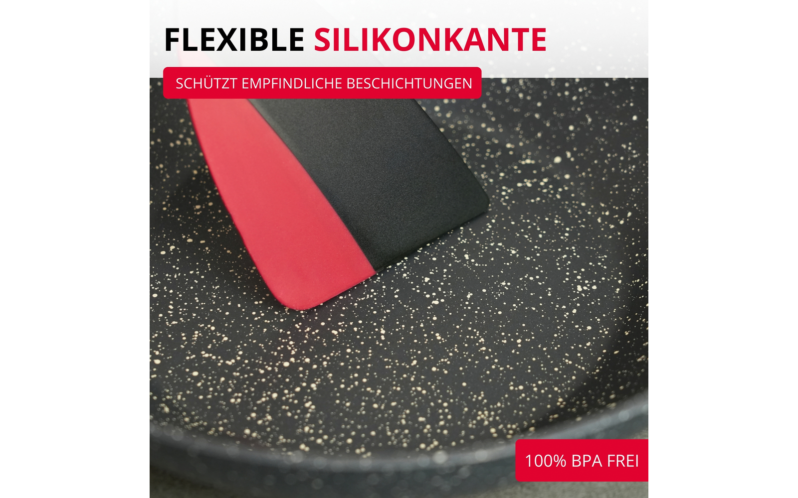 Deux bords en silicone (rouge et noir) dans une poêle noire avec des éclaboussures dorées ; en haut le texte 'FLEXIBLE SILIKONKANTE' et une bannière rouge 'SCHÜTZT EMPFINDLICHE BESCHICHTUNGEN' ; en bas à droite un encadré rouge '100% BPA FREI'