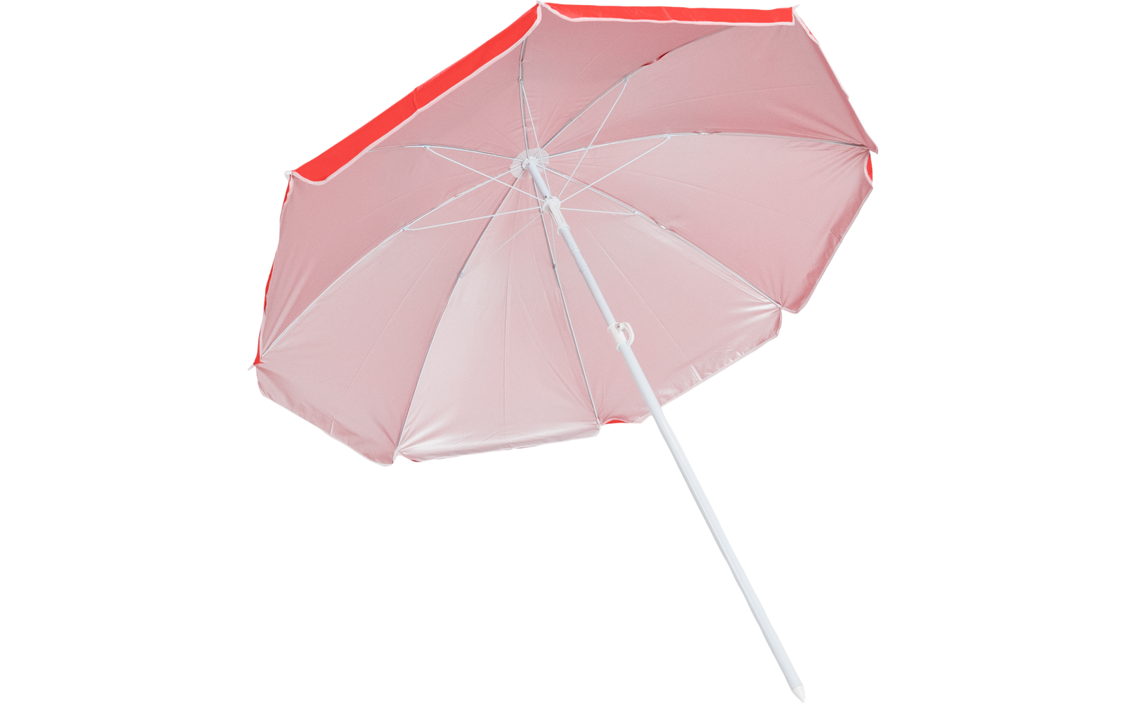 Rosa Sonnenschirm mit orangefarbener Kante, weißem Stab und sichtbaren Metallstreben, von unten gesehen