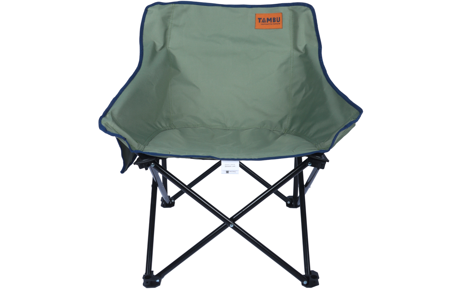 Chaise pliante avec assise en tissu vert et bordure bleue, structure métallique noire en X, étiquette orange indiquant 'TAMBU'
