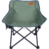 Chaise pliante avec assise en tissu vert et bordure bleue, structure métallique noire en X, étiquette orange indiquant 'TAMBU'