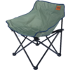Chaise pliante en tissu vert avec bordure bleue, petit écusson orange au dossier et armature métallique noire