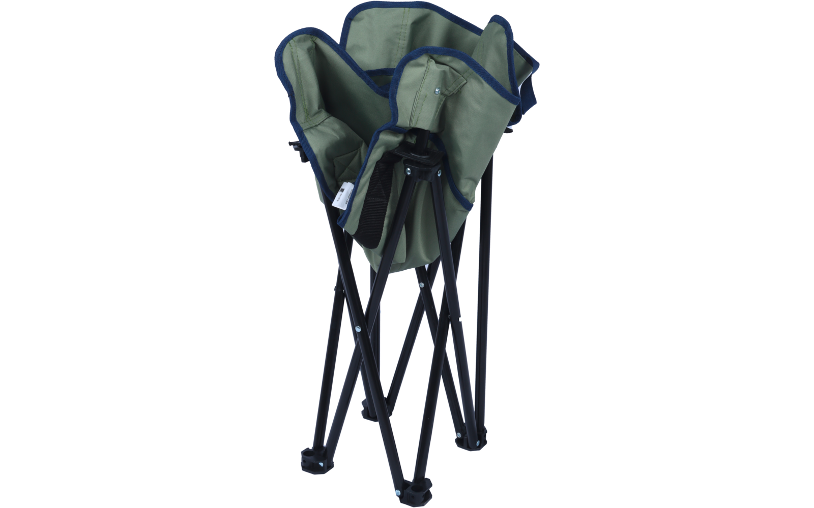 Chaise pliante olive repliée avec bordure bleue, étiquette blanche et structure métallique noire