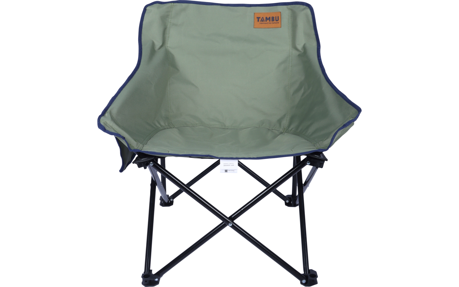 Klappstuhl mit grünem Stoffbezug und blauem Rand, schwarzes X-förmiges Metallgestell, orangefarbener Aufnäher 'TAMBU'