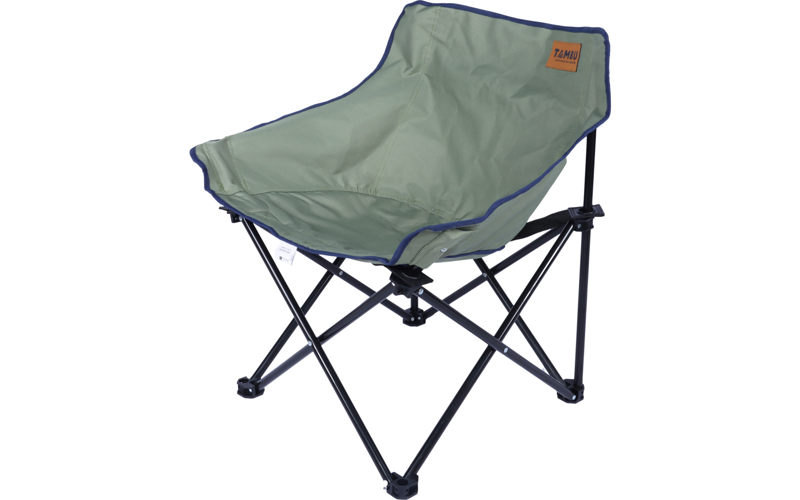 Grüner Klappstuhl aus Stoff mit blauem Saum, kleinem orangefarbenem Etikett am Rücken und schwarzem Metallgestell