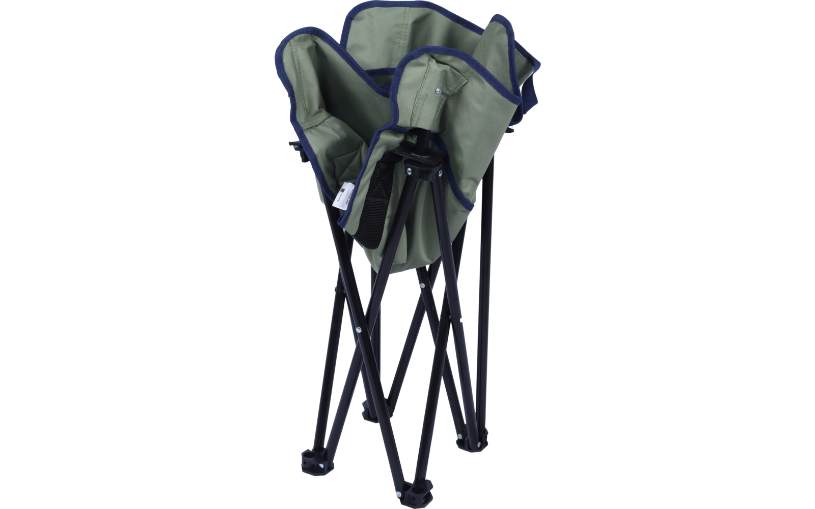 Zusammengeklappter olivgrüner Klappstuhl mit blauem Rand, weißem Etikett und schwarzem Metallgestell
