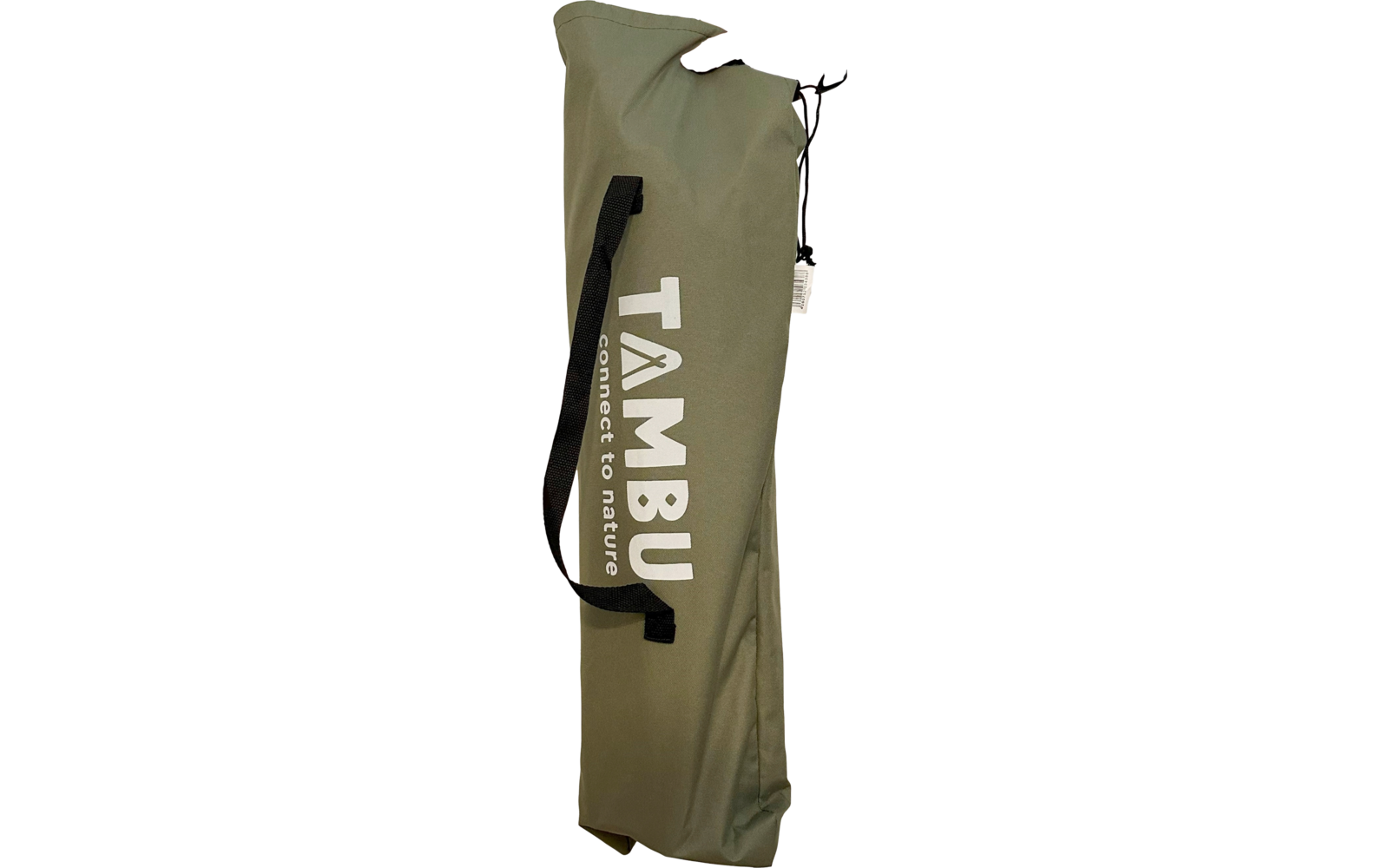 Hand mit Armband hält olivgrüne Tragetasche mit schwarzem Tragegriff und weißem Schriftzug 'TAMBU' auf weißem Hintergrund