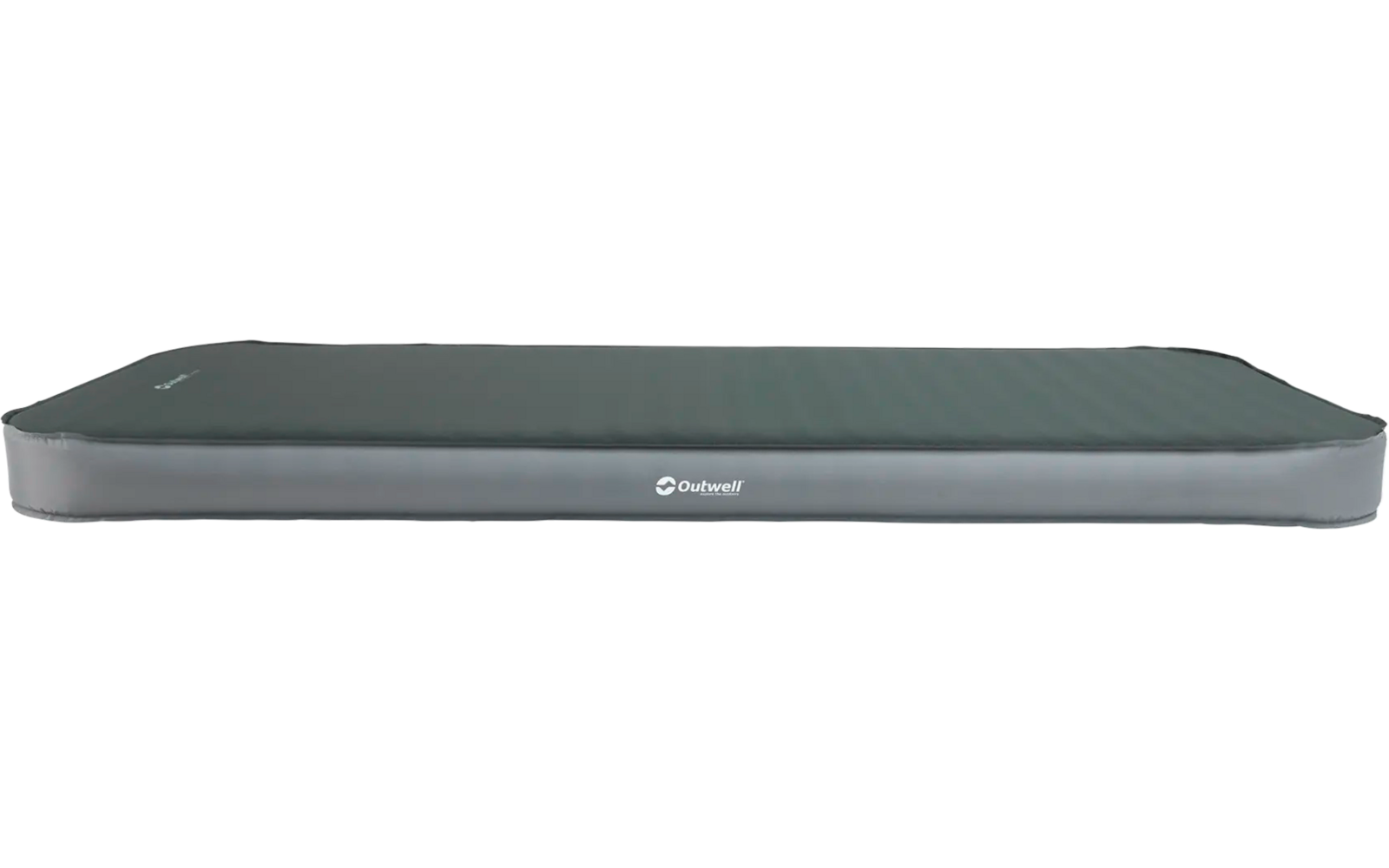 Grijze opblaasbare campingmatras met beige rand op witte achtergrond