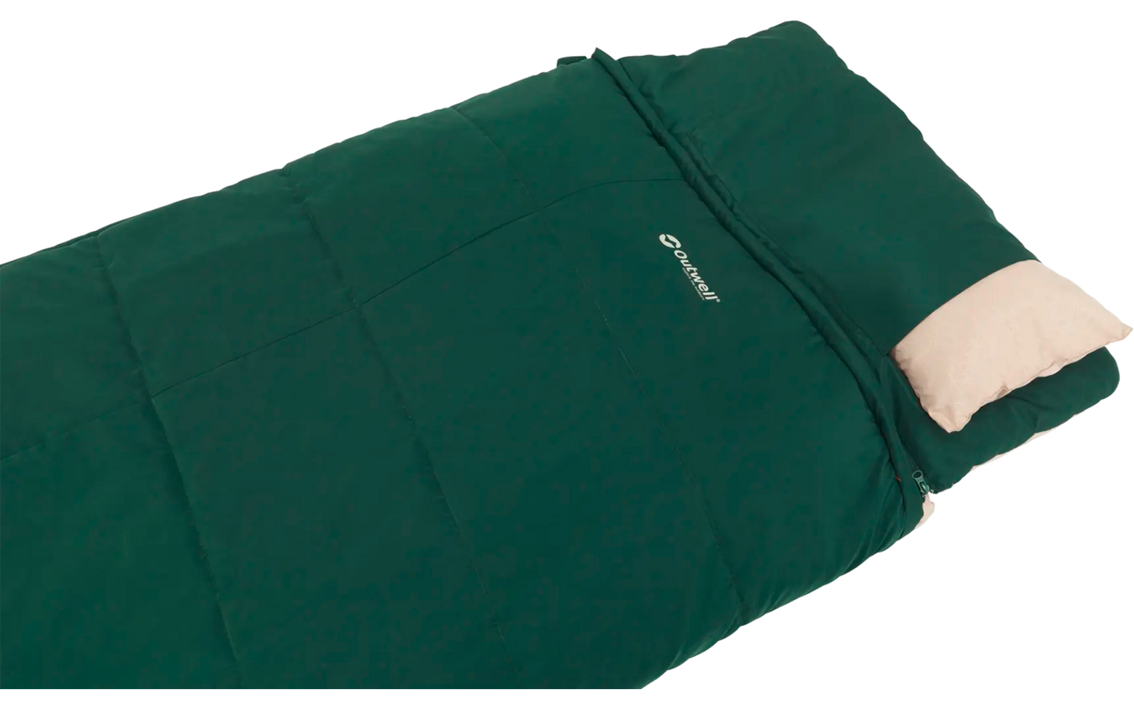 Groene slaapzak met kussen op witte achtergrond