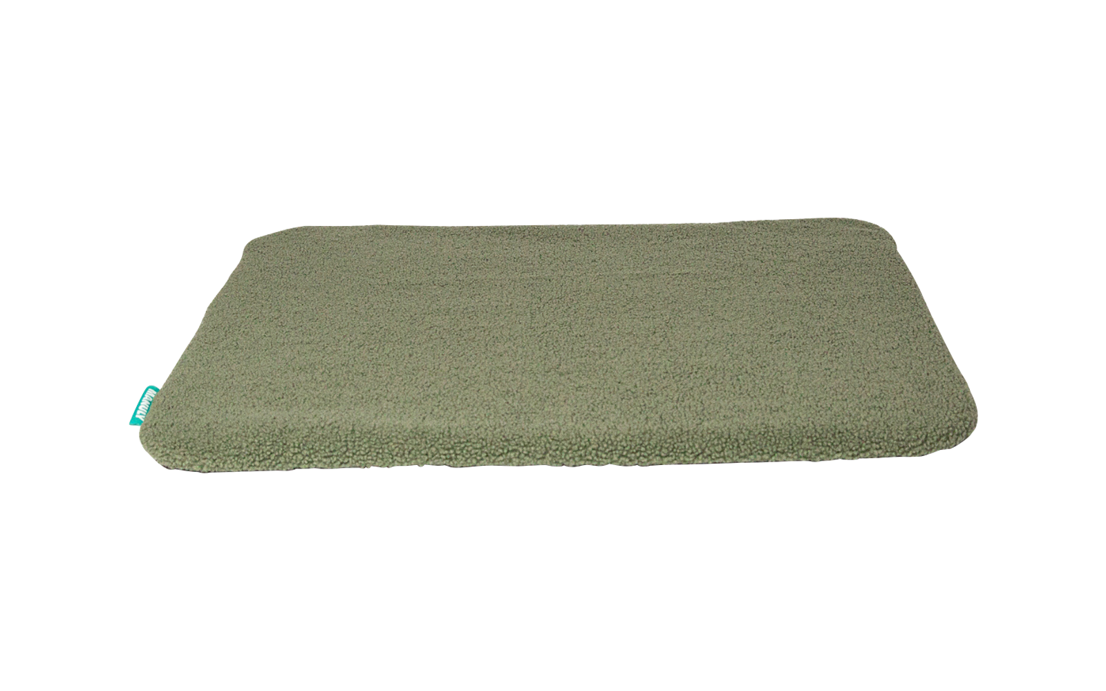 Tapis plat rectangulaire vert à surface texturée et petite étiquette textile turquoise, sur fond blanc