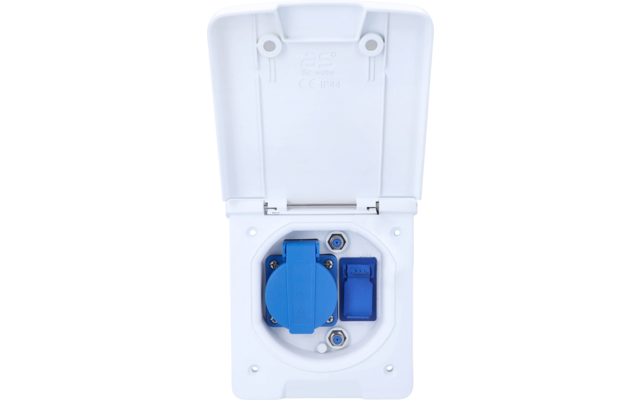 Weißes Kunststoffgehäuse mit geöffnetem Klappdeckel; innen runder blauer Einsatz mit Klappe, daneben rechteckiger blauer Einsatz und sichtbare Schrauben