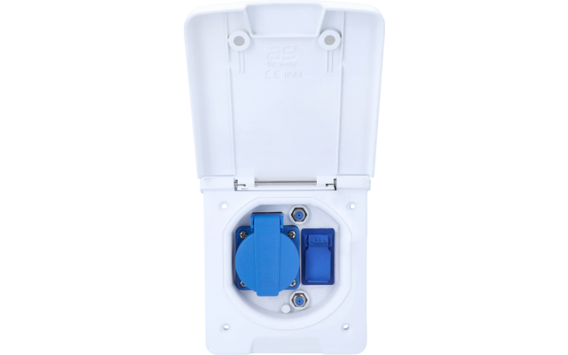 Weißes Kunststoffgehäuse mit geöffnetem Klappdeckel; innen runder blauer Einsatz mit Klappe, daneben rechteckiger blauer Einsatz und sichtbare Schrauben