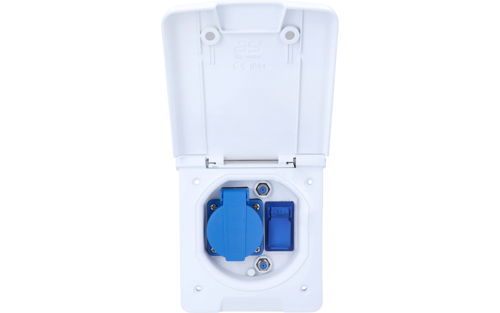 Weißes Kunststoffgehäuse mit geöffnetem Klappdeckel; innen runder blauer Einsatz mit Klappe, daneben rechteckiger blauer Einsatz und sichtbare Schrauben