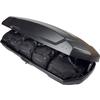 Geöffnete schwarze Dachbox mit vier schwarzen Taschen im Inneren