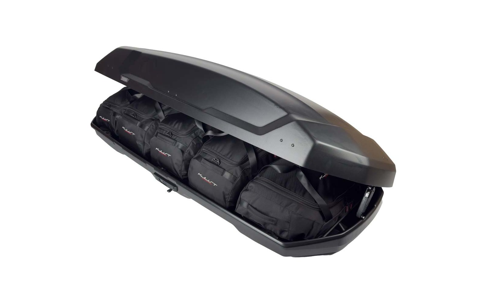 Geöffnete schwarze Dachbox mit vier schwarzen Taschen im Inneren