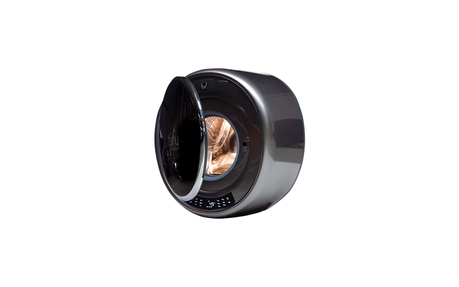 Runde Waschmaschine mit offenem Bullaugen-Tür und Sicht auf die Trommel, digitales Display leuchtet