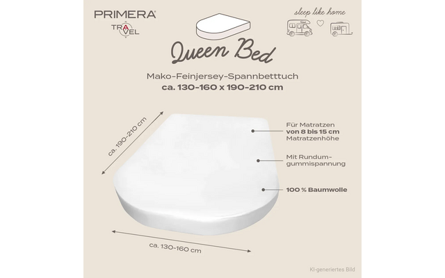 Wit rond hoeslaken op een matrasillustratie met pijlen voor afmetingen 'ca. 130–160 cm' en 'ca. 190–210 cm'. Zichtbare tekst: merk 'PRIMERA TRAVEL', titel 'Queen Bed', 'Mako-Feinjersey-Spannbetttuch', tekst 'Für Matratzen von 8 bis 15 cm Matratzenhöhe', 'Mit Rundumgummispannung', '100% Baumwolle', slogan 'sleep like home' en kleine camper- en huis-icoontjes