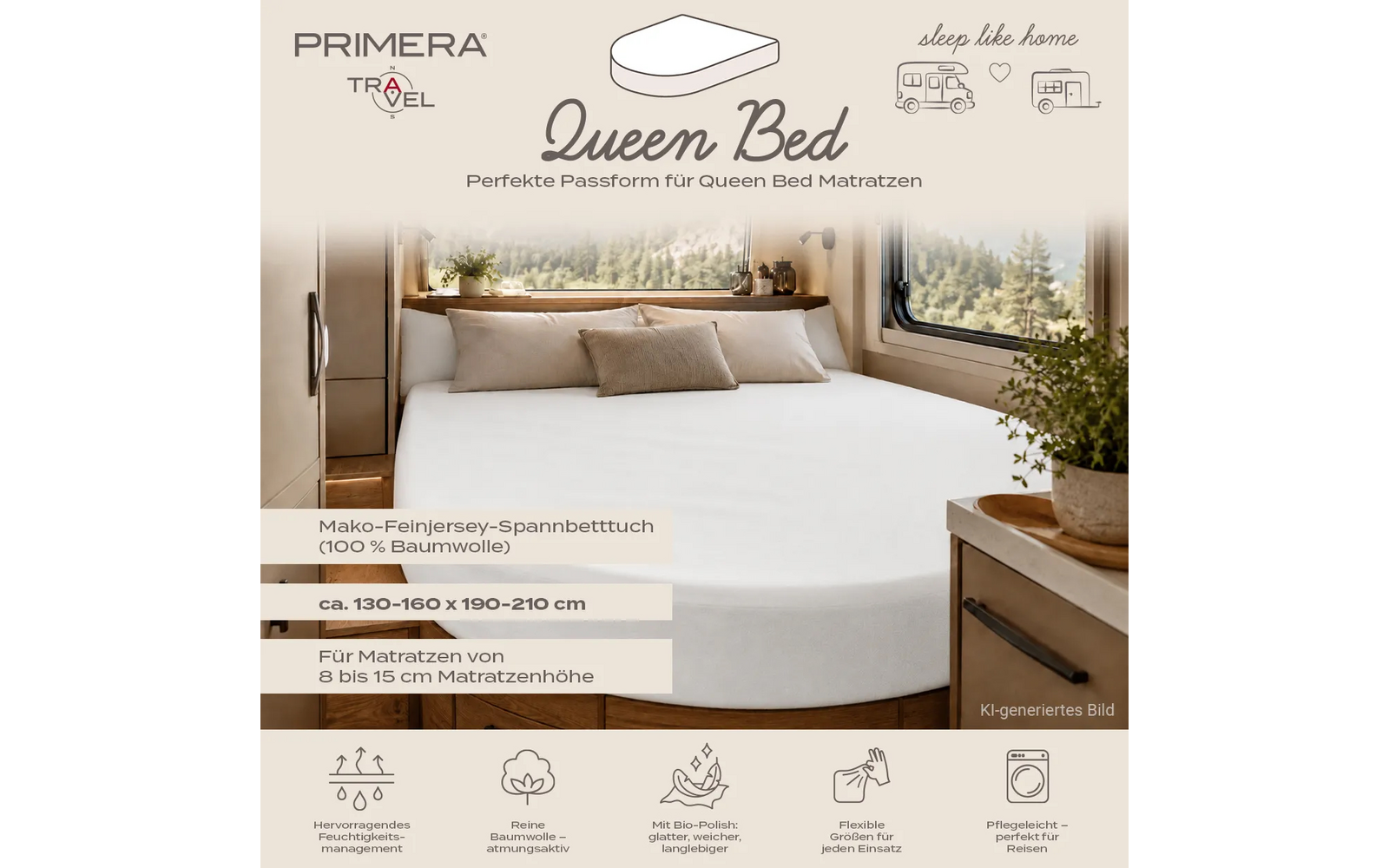Bed met wit hoeslaken en drie kussens voor twee grote ramen met uitzicht op bos, nachtkastje rechts met potplant, merklogo 'PRIMERA TRAVEL' en tekst 'Queen Bed' bovenaan