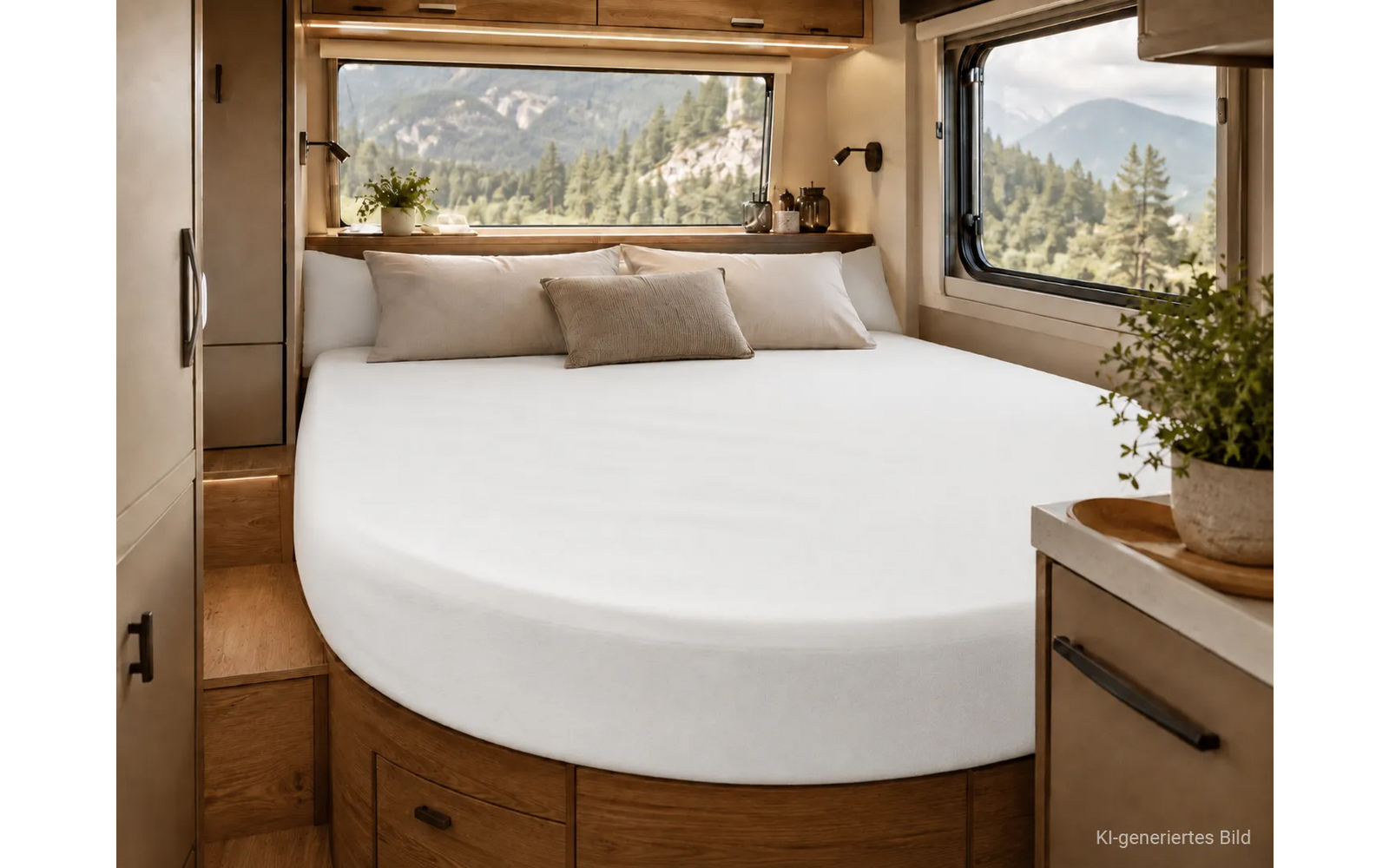 Interieur van een camper met een afgerond bed met wit hoeslaken, drie kussens, houten kasten, ramen met uitzicht op bosrijke bergen en planten op planken