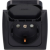 Black socket with open hinged cover, two round contact holes, visible earth contact pin, printed text "C-LINE" and "TÜV"