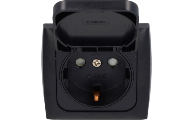 Black socket with open hinged cover, two round contact holes, visible earth contact pin, printed text "C-LINE" and "TÜV"
