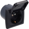 Black square outlet faceplate with open hinged cover and round socket opening, visible metal contacts