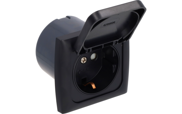 Black square outlet faceplate with open hinged cover and round socket opening, visible metal contacts