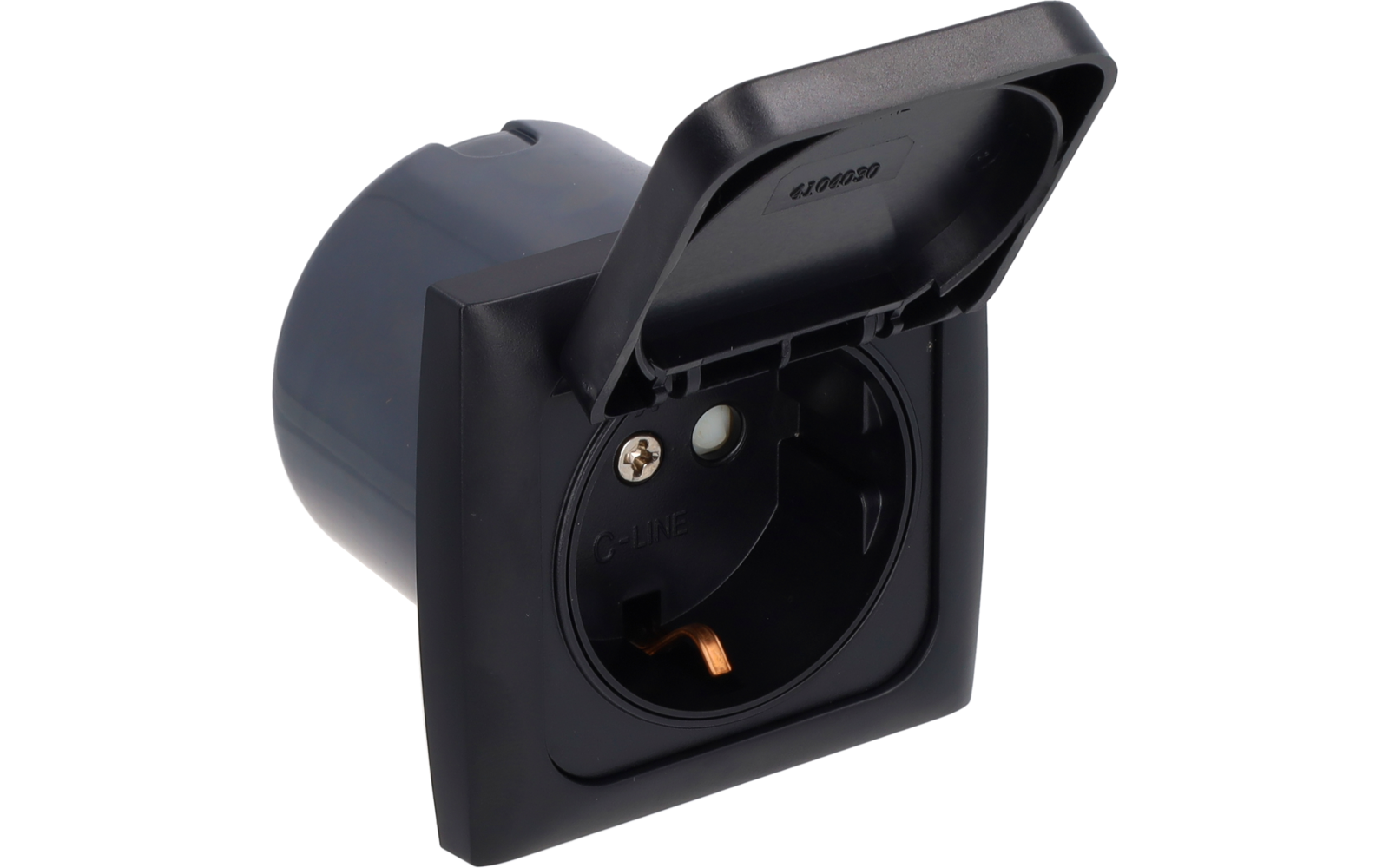 Black square outlet faceplate with open hinged cover and round socket opening, visible metal contacts