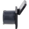 Dark gray plastic container with cylindrical base and rectangular hinged lid opened upward, side view on white background