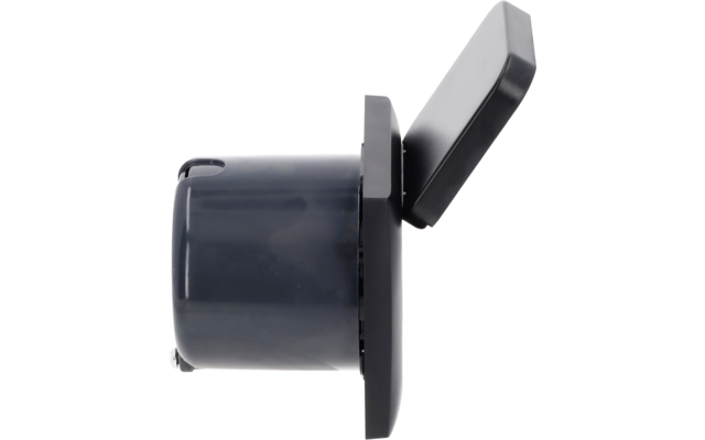 Dark gray plastic container with cylindrical base and rectangular hinged lid opened upward, side view on white background
