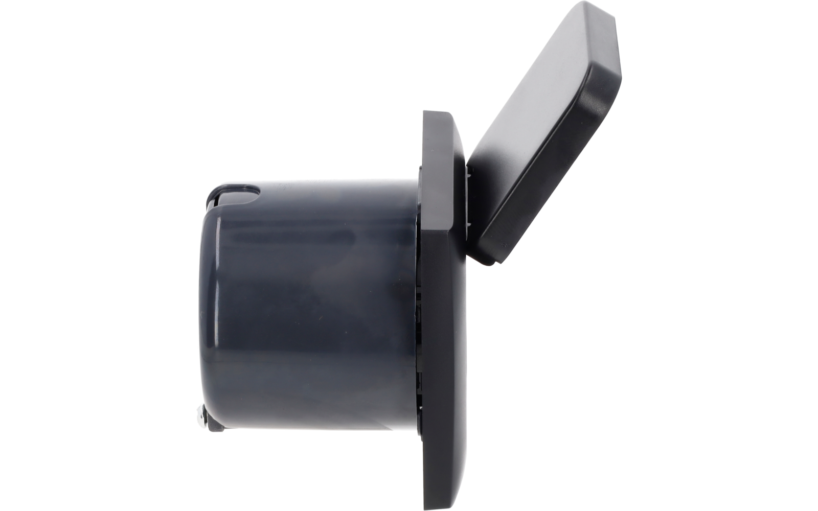 Dark gray plastic container with cylindrical base and rectangular hinged lid opened upward, side view on white background