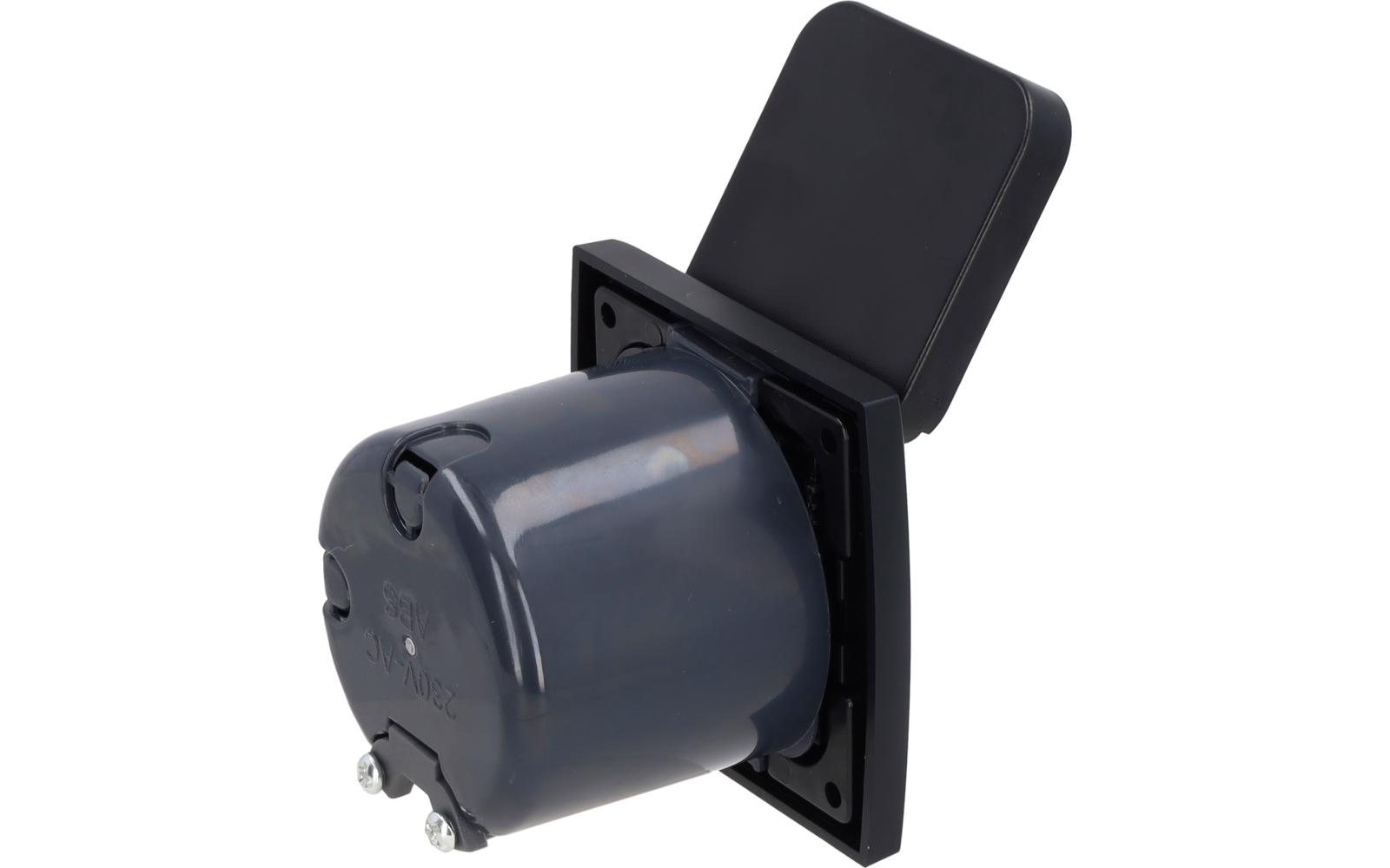 Dark gray cylindrical housing on a black mounting plate, raised rectangular cover, two metal screws visible at the front