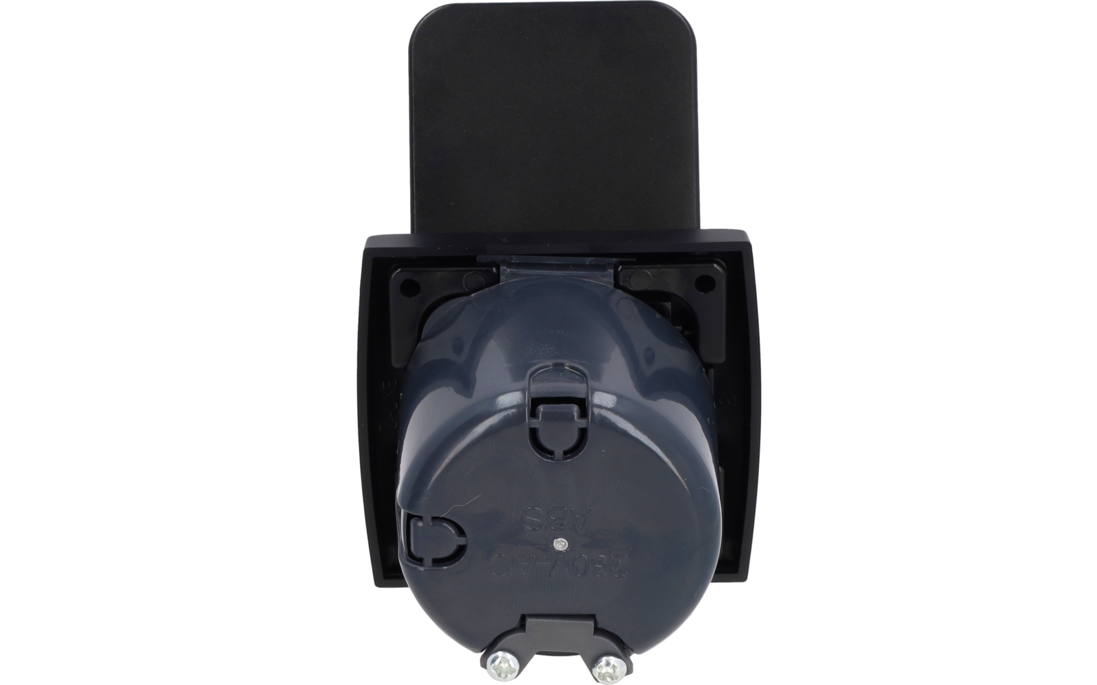 Black rectangular component with round dark-gray cylinder, front hinged cover and two visible metal pins, white background