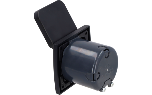Round grey plastic box with two silver screws on a black square mounting plate; a black rectangular hinged cover visible behind