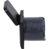 Side view of a dark plastic housing with an open rectangular hinged lid and a cylindrical, slightly translucent body