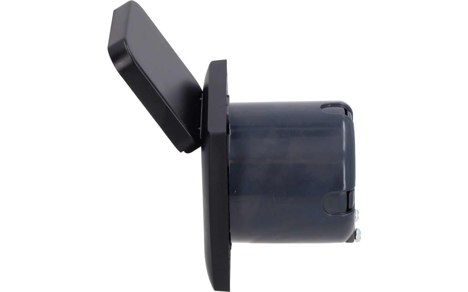 Side view of a dark plastic housing with an open rectangular hinged lid and a cylindrical, slightly translucent body